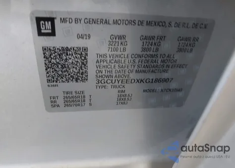 2019 Chevrolet Silverado 1500 Rst из США, поврежденный, VIN 3GCUYEEDXKG186907